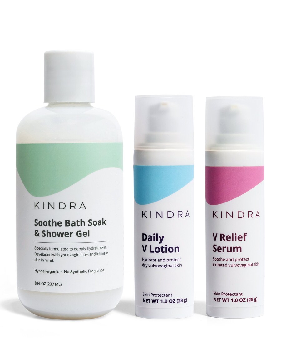 Kindra Soothe Bath Soak, Daily V Lotion, and V Relief Serum